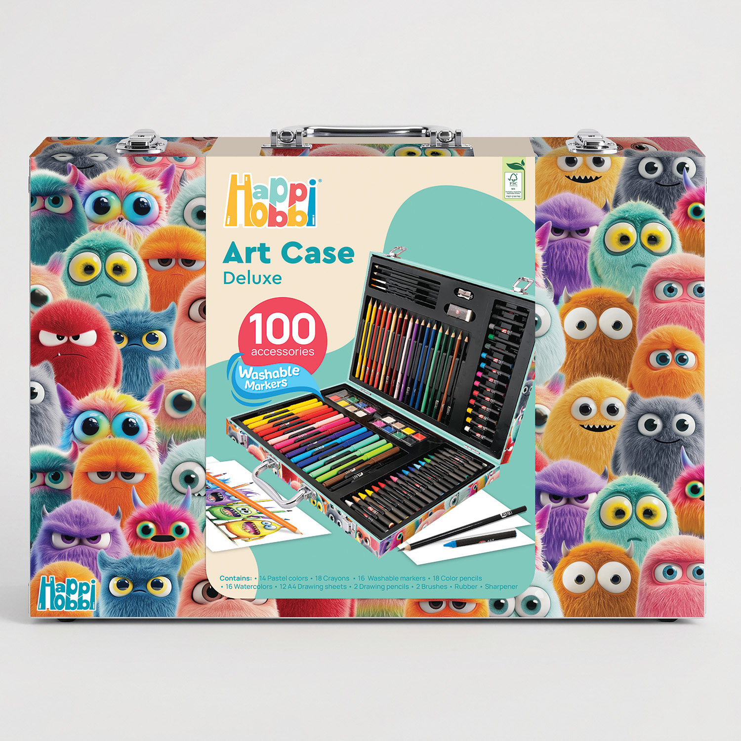 HappiHobbi Κασετίνα Ζωγραφικής Deluxe 100 Αξεσουάρ Τερατάκια Για 3+ Ετών