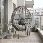 Πολυθρόνα Nestie pakoworld wicker rattan γκρι-μεταλλικό γκρι πόδι-γκρι μαξιλάρι 102x80x155εκ
