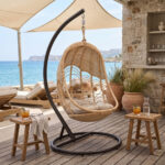 Κούνια Labreone pakoworld rattan φυσική απόχρωση -μαύρο μέταλλο-μπεζ μαξιλάρι 82x82x200εκ