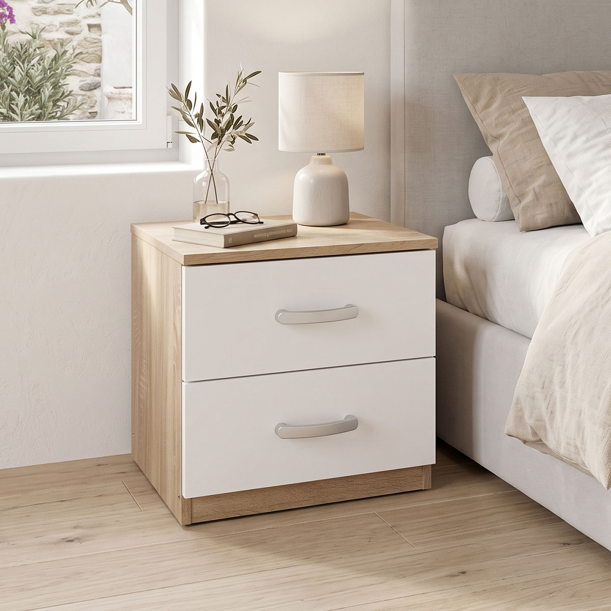 383-000106 Κομοδίνο Athos pakoworld σε sonoma-λευκή απόχρωση 48x40x41.5εκ - Image 1