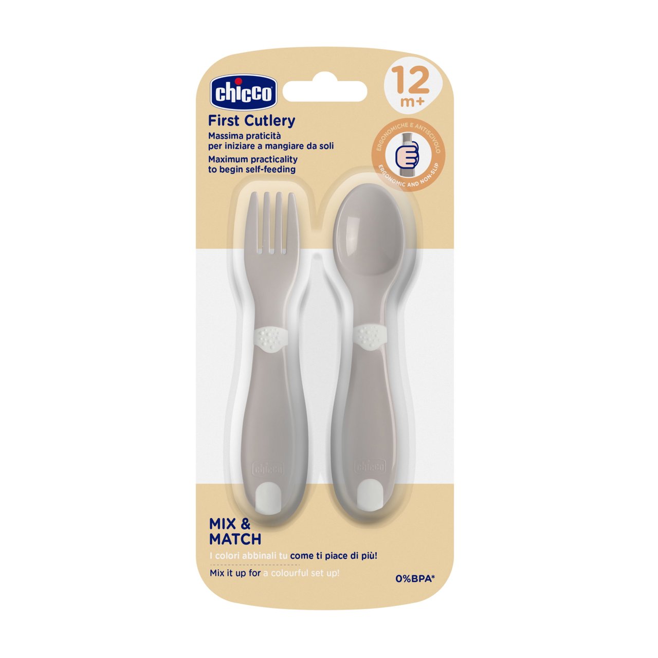 Chicco Πρώτο Σετ Κουτάλι/Πιρούνι Natural  Γκρι Για 12+ Μηνών